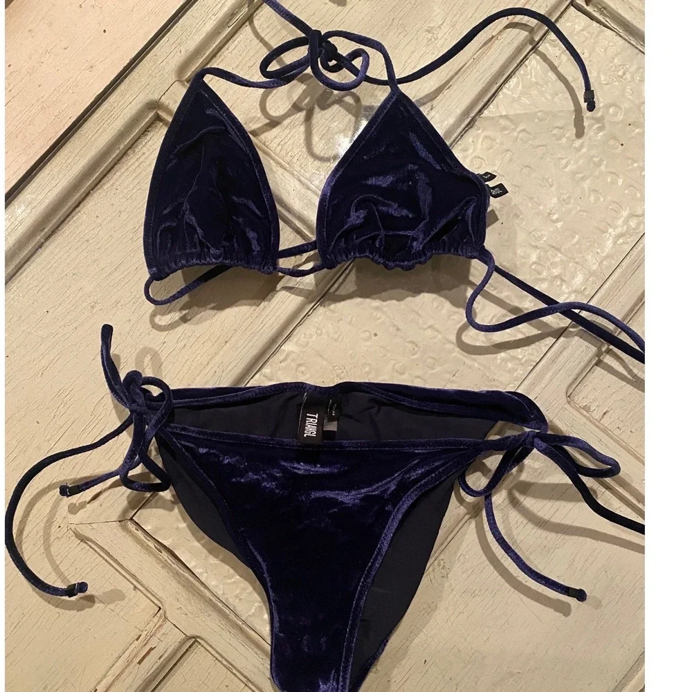 Triangl Bikini Set Blue Velvet Triangle Side Tie Swim | Medium